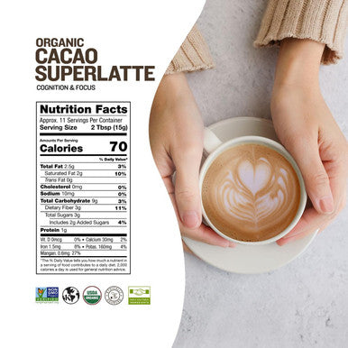 Sunfood Superfoods Cacao Superlatte Powder Drink Mix With Lion'S Mane For Cognition And Focus Mushroom Coffee Creamer With Cacao & Greens Powder Organic Non-Gmo Vegan Gluten 6 Oz Bag