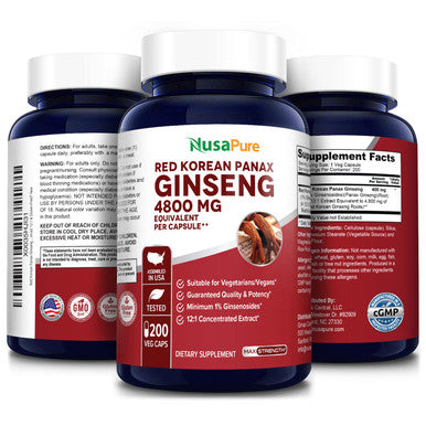 NusaPure Red Korean Panax Ginseng 4,800mg 200 Veggie Caps (Non-GMO, Extract 12:1 & Gluten-Free)