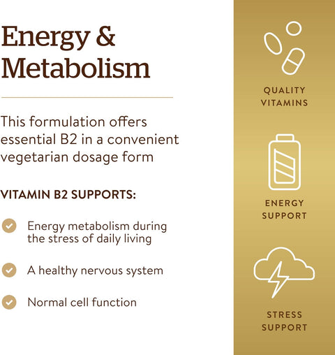 Solgar Vitamin B2 (Riboflavin) 100Mg 100 Vegetable Capsules Energy Metabolism Healthy Nervous System NonGmo Vegan Gluten Dairy Kosher 100 Servings