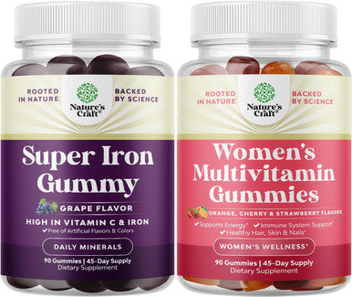 Natures Craft Bundle of Extra Strength Iron Gummies for Women and Men with Vitamin C for Higher Absorption and Delicious Daily Multivitamin for Women Gummies for Adults Energy and Immunity