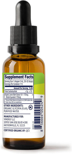 Vimergy USDA Organic Lemon Balm Extract, 115 Servings Supports Calm and Relaxed Feeling Relief From Occasional Nervous Tension Alcohol-Free Gluten Free, Non-GMO, Kosher, Vegan & Paleo (115 ml)