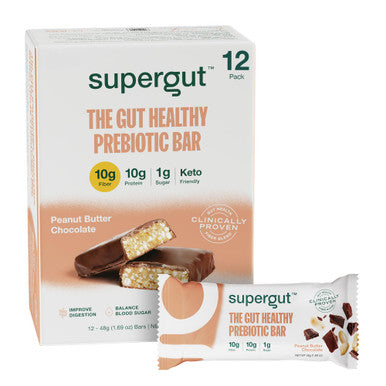 Supergut GLP-1 Boosting Prebiotic Bars Peanut Butter Chocolate - Gut Healthy Protein Snacks & Breakfast Bars - Keto-Friendly Meal Replacement Energy Bars for Gut Health (12 Count)