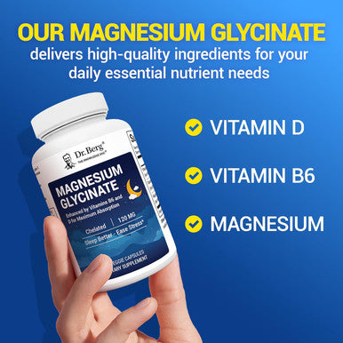Dr. Berg Magnesium Glycinate With Vitamin D and B6 For Stress Relief Calm Relaxation and Good Sleep 120 Mg Magnesium Glycinate 90 Caps