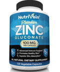 Nutrivein Premium Zinc Gluconate 100mg - 120 Capsules - Immunity Defense Boosts Immune System & Powerful Antioxidant - Promotes Healthy Skin and Acne Defense - Essential Elements for Absorption