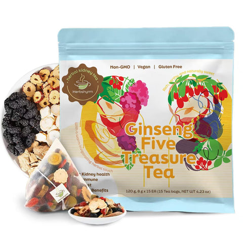 Kidney Tea for Kidney & Liver Health,Ginseng Five Treasures Tea Gifts for Men,Ginseng Wolfberry Red Date Mulberry 6 Natural Herbal Ingredients, Gifts for Women & Men