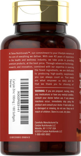 Carlyle Zinc Supplement 100Mg With Vitamin C 180 Softgels Non-Gmo, Gluten Tahoe Nutritionals