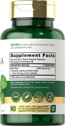 Gotu Kola Capsules 1500Mg | 180 Count | Non-Gmo, Gluten Free | Traditional Herb Extract | By Carlyle