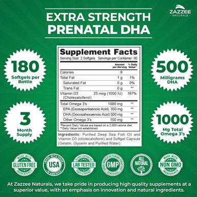 Zazzee Extra Strength Prenatal Dha Vitamins, 3-Month Supply, 500 Mg Dha, 1000 Mg Omega 3 S, 1000 Iu Vitamin D3, Burp Free, No Fis