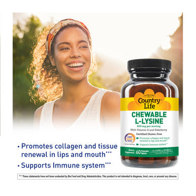 Country Life Chewable L-Lysine 600Mg - 60 Tabs - Supports Immune Health - Supports Natural Collagen Production - Vitamin D - Elderberry - Great Taste