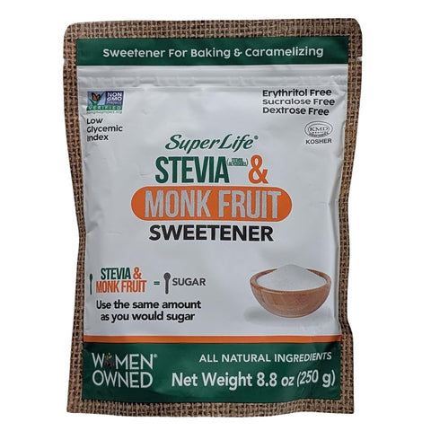 Super Life Stevia & Monk Fruit Sweetener ÃƒÂ¢Ã¢â€šÂ¬Ã¢â‚¬Å“ Low-Glycemic Index, Erythritol-Free Sugar Alternative for Baking, Beverages & Caramelizing | Non-GMO, Low-Calorie, Keto Diet Friendly ÃƒÂ¢Ã¢â€šÂ¬Ã¢â‚¬Å“ 8.8oz / 250g