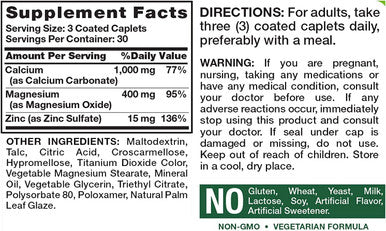Calcium Magnesium Zinc Supplement | 90 Caplets | Non-GMO, Gluten | by Nature's Truth