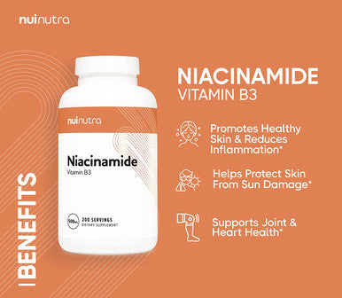 Nui Nutra Niacinamide Flush Free Form of Vitamin B3 Nicotinamide Supplement | 500mg | 200 Capsules | Supports Skin, Joints, and Heart | Gluten Free