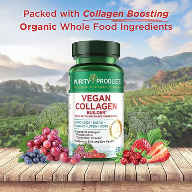 Purity Products Vegan Collagen Builder Organic Whole Foods Fruits Veg Silica Lutein Vitamin C Biotin Grape Seed Amino Acids Glycine Lysine Proline Collagen Boosters Once A Day 30 Tablets