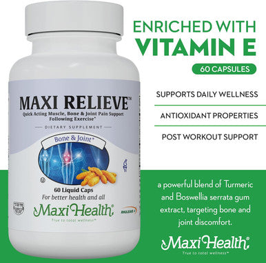Maxi Health Maxi Relieve Joint Support Supplement with Turmeric and Boswellia Serrata - Quick-Acting Support After Exercise - Vegetarian Non-GMO Kosher Bone & Joint Health Supplement for Men & Women 60 Capsules