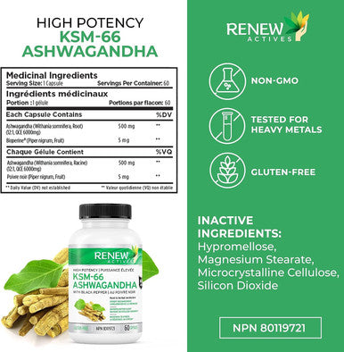 Renew Actives Ashwagandha Ksm-66 Capsules - 60 Capsules With Black Pepper, Ashwagandha Root Extract For Stress, Energy Support, Brain Supplement, And Sleep Aid