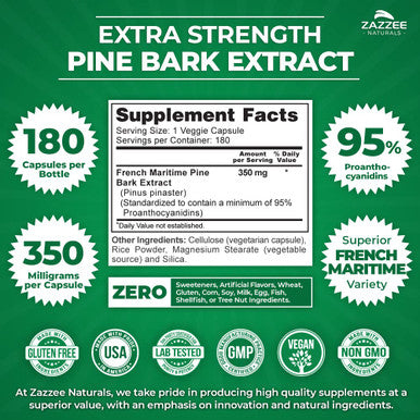 Zazzee Extra Strength French Maritime Pine Bark Extract, 350 Mg Per Capsule, 180 Vegan Capsules, 95% Proanthocyanidins, 6 Month