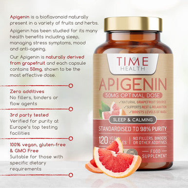 Apigenin - 50Mg X 120 Capsules - 98%+ Purity - Optimal Dose For Sleep & Relaxation Support - Nad+ Booster - Grapefruit Source - Uk Made - Gmp Standards - Zero Additives (120 Count (Pack Of 1))