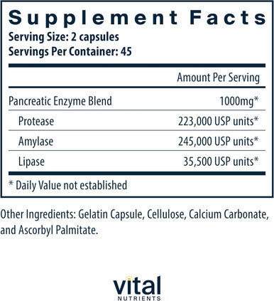 Vital Nutrients Pancreatic Enzymes 1000mg (Full Strength) | Pancreatin Digestion Supplement with Protease Amylase & Lipase | Digestive Enzymes | Gluten Dairy and Soy | 90 Capsules