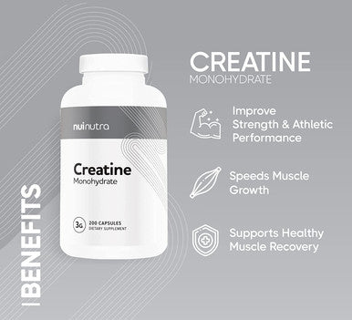 Nui Nutra Creatine Monohydrate Pills | 3G | 200 Capsules | Muscle Mass, Strength, and Performance Improvement for Men and Women | Pre Workout Energy & Post Workout Recovery