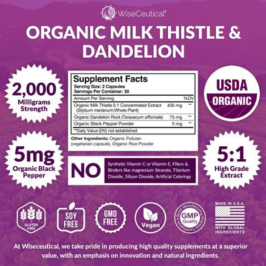Max Absorption Usda Organic Milk Thistle Potent 5:1 Concentrated Extract (2000Mg Strength) & Organic Dandelion Root Silymarin Antioxidant Flavonoid Liver Support Supplement (60 Count (Pack Of 1))