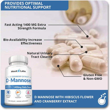 D Mannose 1000Mg - D-Mannose Cranberry Supplement With Hibiscus - Support Urinary Tract Health For Women & Men - Helps Overactive Bladder & Urinary Tract Infection - Dmannose Pills For Uti - 120 Pills