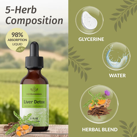 Herbamama Liver Support Tincture - Vegan Liver Detox Liquid Drops With Milk Thistle Dandelion Root & Chanca Piedra - Non-Gmo Alcohol & Sugar- Liquid Cleanse Supplement 42-Day Supply