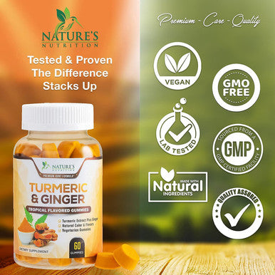 Turmeric Ginger Gummies for Best Absorption, Joint Support, Natural Immune Support, Nature's Turmeric Supplement, Vegan Friendly Vitamins for Men and Women - 60 Gummies