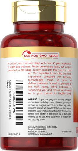 Carlyle Vitamin K2 Supplement 100Mcg | K2 Mk7 | 150 Softgels | Non-Gmo, Gluten Free