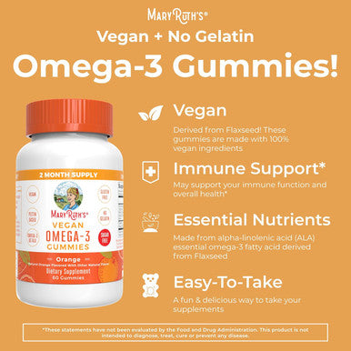 Maryruth Organics Vegan Omega 3 Gummies for Adults | 2 Month Supply | Sugar Supplement with Vitamin C | Flaxseed Oil Immune Support | Overall Wellness | No Fish Taste | 60 Count