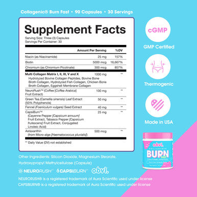 Obvi Multi Collagen Burn Fast Hydrolyzed Collagen Peptides Types I, II, III, V, X Keto and Gluten Free 30 Servings