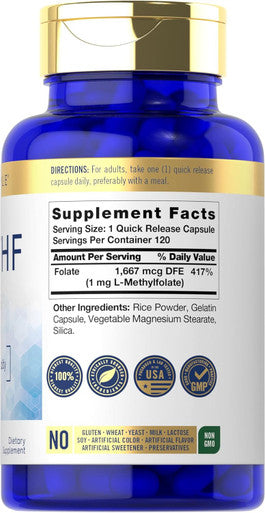 Carlyle 5-MTHF L Methylfolate 1mg | 120 Capsules | Non-GMO Gluten | Premium Quality