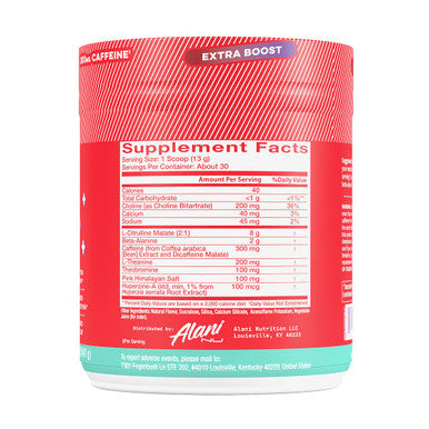 Alani Nu Pre Workout+ Powder Frozen Lemonade Extra Boost Sugar Free 300mg Caffeine L-Theanine Beta-Alanine Citrulline 30 Servings
