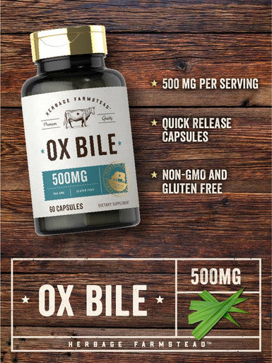 Ox Bile Supplement | 500Mg | 60 Capsules | Digestive Enzyme | Non-Gmo & Gluten Free | By Herbage Farmstead