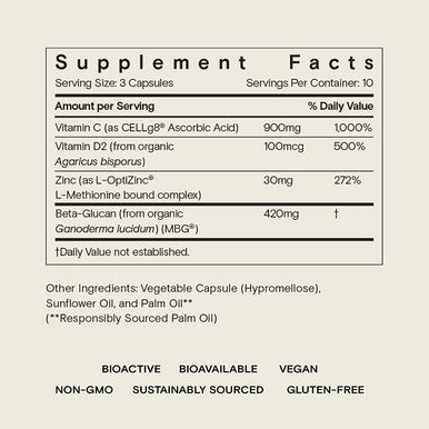 SuperPower by Moon Juice - Mushroom Derived Natural Immune Support Supplement - 900mg Liposomal Vitamin C, 4000 IU Vitamin D, 420mg Beta-Glucans & 30mg Zinc - US Sourced, Vegan, Non-GMO (30 Capsules)