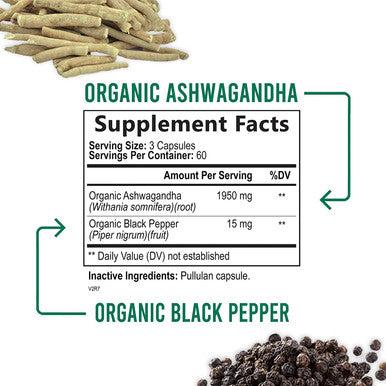 Organic Ashwagandha 1,950 mg - Vegan Ashwagandha Root Supplement - Relax, Calm, Focus & Unwind with Potent Mood, Stress & Immune Support - Extra Strength Extract Powder, Non-GMO - 180 Capsules