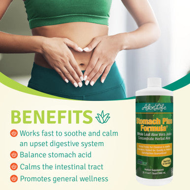 Aloe Life - Stomach Plus Formula, Fast-Acting Tonic for Children, Adults, & Seniors, Supports Healthy Digestion & Helps to Soothe Gas, Bloating, & Nausea, Aloe Vera Concentrate, Gluten-Free (32 oz)
