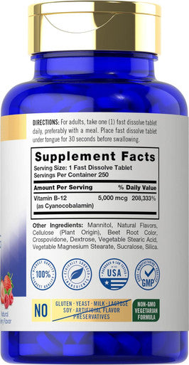 Carlyle Vitamin B12 5000mcg | 250 Fast Dissolve Tablets | Natural Berry Flavor | Vegetarian Non-GMO Gluten