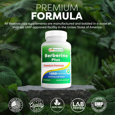 Best Naturals Berberine Plus 1000mg per Serving (Non-GMO) 60 Capsules - Contains Berberine HCL 1000mg Vitamin C 120mg & Zinc Gluconate 30 mg
