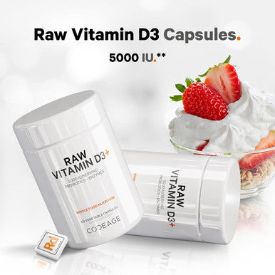 Codeage Raw Vitamin D3+ High Potency 5000 IU Supplement From Saccharomyces Cerevisiae - Raw Vitamin Enhanced with Omega-9 Probiotics Digestive Enzymes Fruits & Greens - 2-Month Supply - 60 Capsules