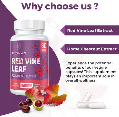 SUSTAINANCE Red Vine Leaf Extract 1400Mg & Horse Chestnut Extract 100Mg Supplement For Leg, Vein Circulation Heart Skin (60 Capsules - 2 Bottle)