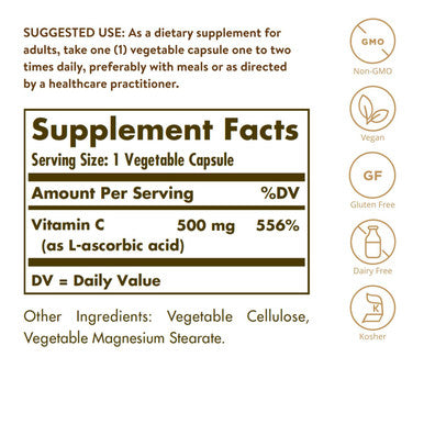 Solgar Vitamin C 500 Mg 100 Vegetable Capsules - Antioxidant & Immune Support - Overall Health - Supports Healthy Skin & Joints - Non Gmo Vegan Gluten Free Kosher - 100 Servings