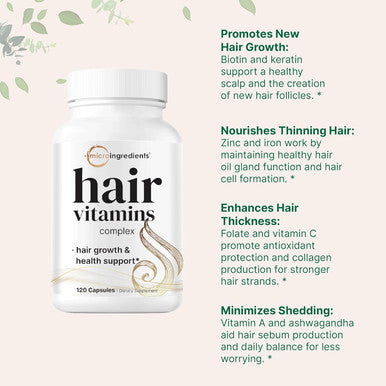 Micro Ingredients Hair Growth Vitamins Complex 120 Capsules | 14-in-1 Formula with 5000mcg Biotin Collagen Keratin Vitamin C Saw Palmetto & More | Vitaminas Para El Cabello | Promotes Natural Growth & Thickness