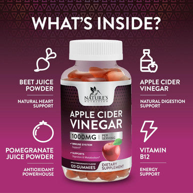 Nature'S Nutrition Apple Vinegar Gummy 1000mg Vegan Apple Cider Vinegar Gummies for Detox & Cleanse ACV Supplement with Vitamin B12 Beetroot & Pomegranate Non-GMO - 120 Gummies