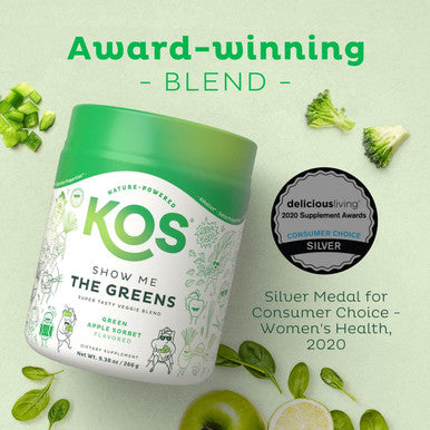 Kos Organic Super Greens Powder Erythritol - Plant Based Superfood Blend With Spirulina, Chlorella & Wheatgrass - Usda Certified Organic, Green Juice Smoothie - Apple Flavor - 28 Servings