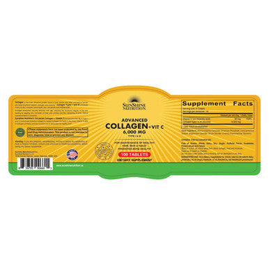 Sunshine Nutrition Advanced Collagen + Vitamin C 6000Mg 100 Tablets For Hair Skin Nail and Bone Health Dietary Supplement