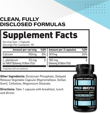 Kaged Muscle Probiotic Supplement with 30 Billion CFU, World's First Performance Probiotics for Men and Women to Support Gut Health, Reduce Fatigue, Enhance Endurance, 90 Capsules
