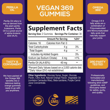 Omega 3 6 9 Gummies Vegan Essential Fatty Acid Supplement - Perilla Oil 369 Gummy - Best Plant-Based Heart Support, Non-GMO - 60 Gummies