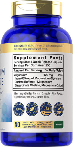 Magnesium Glycinate | 665 mg | 250 Capsules | Non-GMO and Gluten Free Formula | Essential Buffered Mineral Supplement by Carlyle