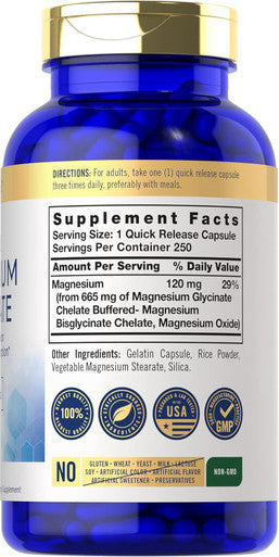 Carlyle Magnesium Glycinate | 665 mg | 250 Capsules | Non-GMO and Gluten Formula | Essential Buffered Mineral Supplement
