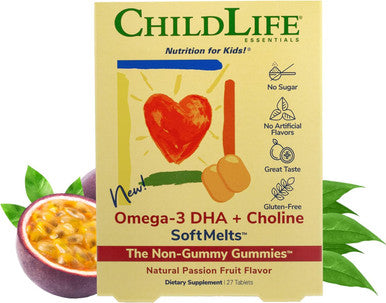 CHILDLIFE ESSENTIALS Omega-3 DHA + Choline SoftMelts - All-Natural Support for Optimal Brain & Nervous System Development & Function in Children & Teens, Sugar-Free - Passion Fruit Flavor, 27 Tablets